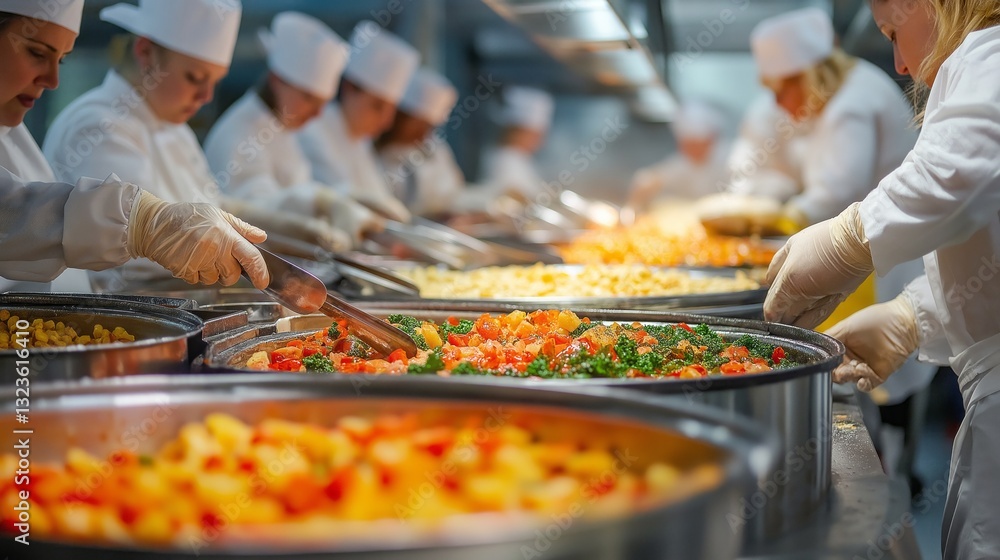 Fototapeta premium In a lively food processing plant, dedicated workers meticulously chop and mix colorful vegetables, blending their skills to create high-quality prepared dishes. Teamwork shines brightly