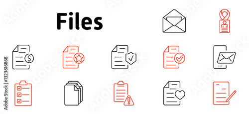 Files set icon. Document, email, security, verification, checklist, digital storage, mobile messaging, warning, organization, archive, paperwork, authorization, digital signature
