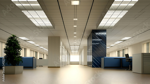 Spacious Modern Office Interior With Blue Cubicles And Natural Light From Windows And A Green Plant