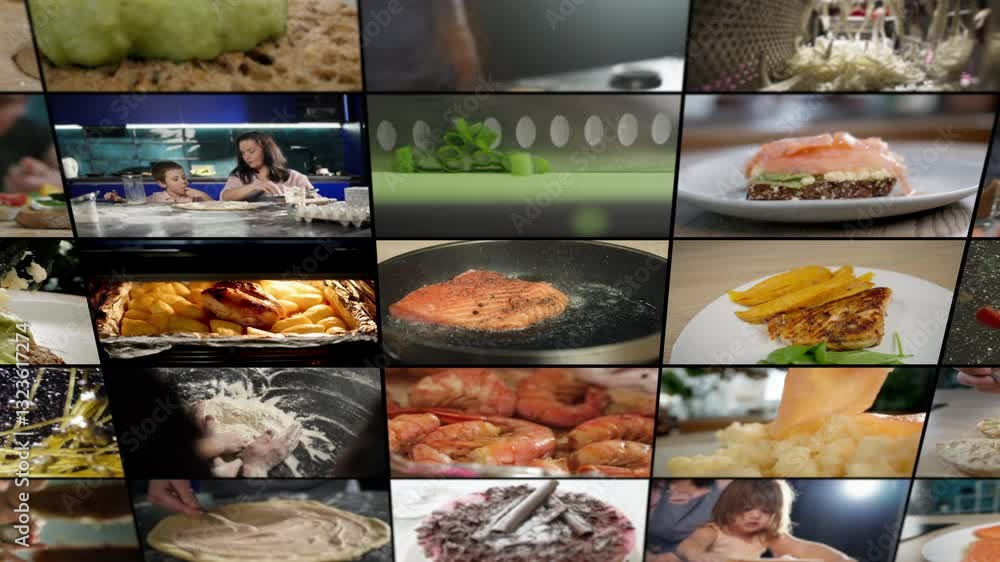 Compilation of different food preparation techniques at home: Home chefs cooking, cutting, mixing, and seasoning dishes in a cozy and stylish kitchen. High quality 4k footage Compilation of different food preparation techniques at home: Home chefs cooking, cutting, mixing, and seasoning dishes in a cozy and stylish kitchen. High quality 4k footage