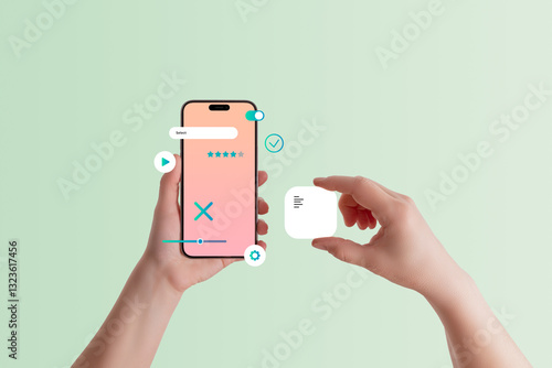 Wallpaper Mural Front view of smartphone in hand, adding text box element to mobile application, concept of UI design, app development, and user experience customization Torontodigital.ca