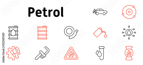 Petrol set icon. Oil barrel, fuel pump, gasoline, refinery, warning, leakage, extraction, industry, hazard, pipeline, combustion, storage, distribution