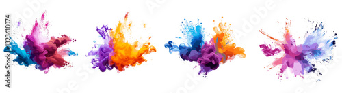 Abstract explosion of colorful powder, paint splashes, isolated on white, transparent background, vibrant colors, design element, creative paint, powder burst, artistic explosion