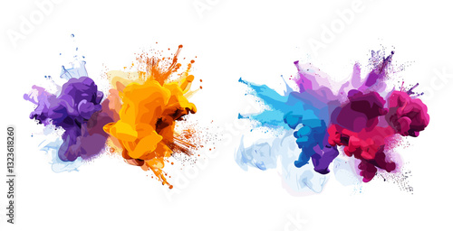 Set of abstract colored powder explosion, colorful paint splashes, isolated on white background, vibrant splashes, design element, creative explosion, artistic powder burst