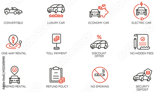 Vector Set of Linear Icons Related to car rental, booking service, and car-sharing. Mono line pictograms and infographics design elements - part 3