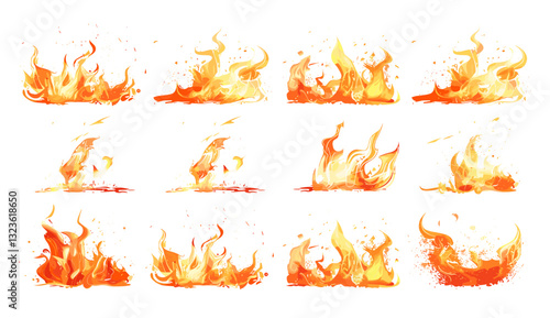 Fire flames vector set, isolated on transparent and white background, burning fire design, realistic flame elements, hot blaze graphics, inferno effect, flaming heat, bonfire sparks