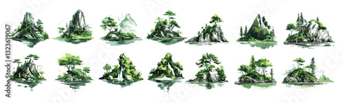 Hand drawn vector set of mountain island with green trees in watercolor style, isolated on white, nature scene, summer vacation, coastal view, forested island, outdoor adventure