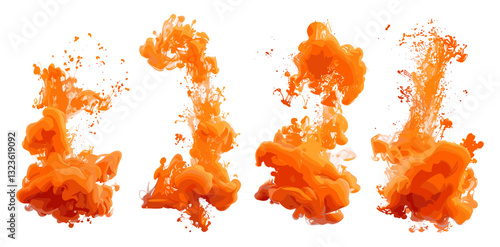 Abstract orange smoke splashes in water, watercolor ink explosion, acrylic ink, color elements for design, isolated on white, transparent background, vibrant color explosion