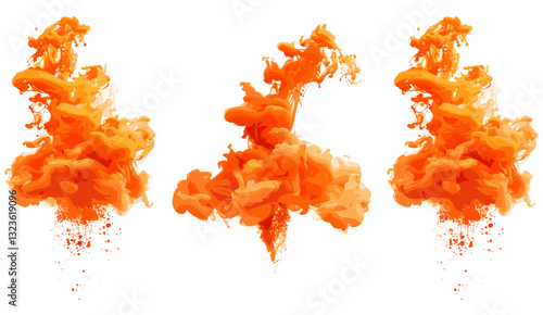 Set of orange acrylic ink splashes, watercolor smoke explosion, abstract colorful elements for design, water color flow, isolated on white, transparent background
