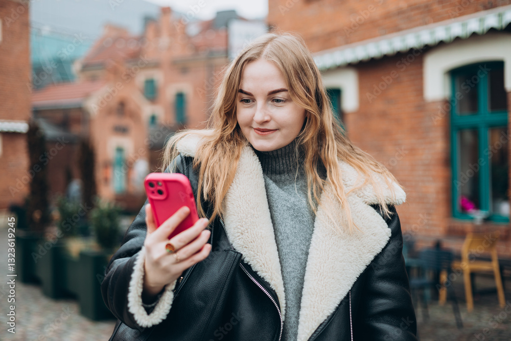 Laughing young woman taking selfie on the urban background. Cute beautiful woman using mobile phone. 30s girl recording self video, talking on online call