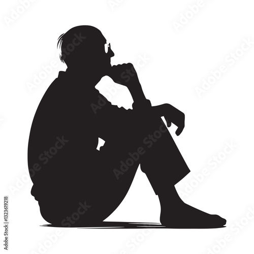 Curious Sitting Oldman silhouette, still eager to learn – Oldman illustration – Minimalist Sitting Oldman vector – Knowledge seeker
