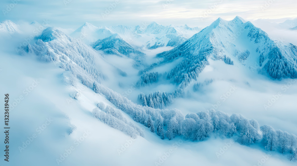 Obraz premium Winter Solitude: Mountain Range Covered in Fresh Snow and Enshrouded in Mist, an Alpine Winter Scene.