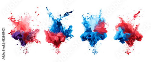 Vector set of colorful paint splash elements, red and blue powder explosion, ink splashes for design, isolated on white and transparent background, artistic burst, abstract spray