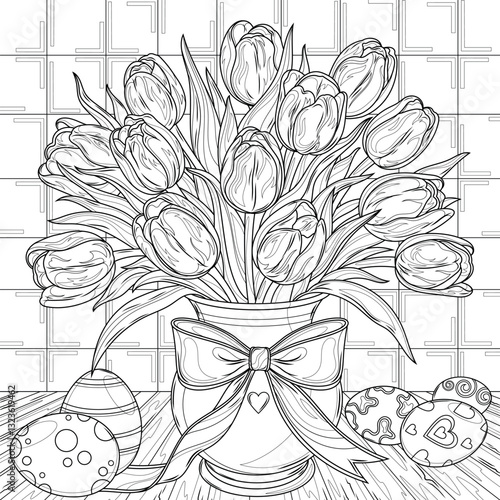 Bouquet of tulips in a vase and Easter eggs.Happy Easter .Coloring book antistress for children and adults.