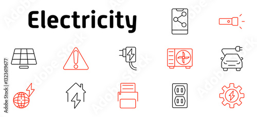 Electricity set icon. Power generation, renewable sources, charging, safety warnings, voltage, electrical grids, automation, connectivity, home energy systems
