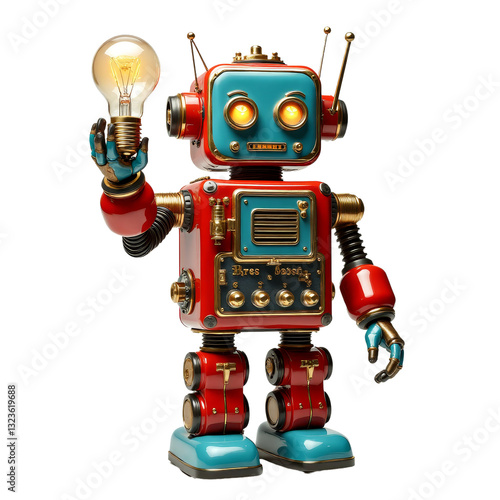 Retro Robot Holding a Glowing Light Bulb, Transparent Background