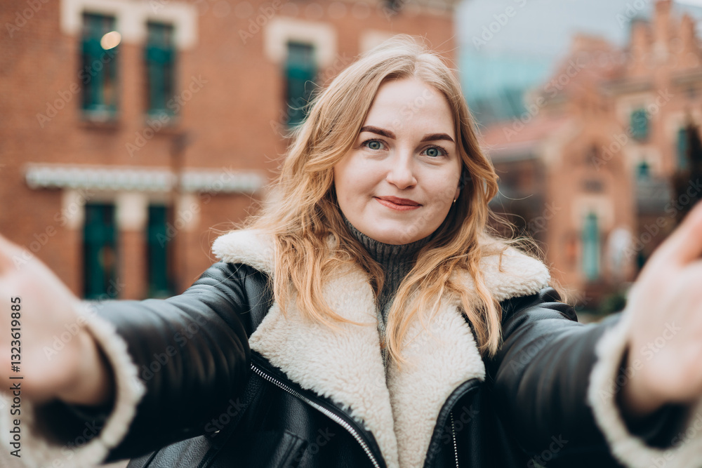 Beautiful woman in good mood looks into camera and takes selfie in the street. Blogging, technology, lifestyle, travel, tourism, active life. Winter time