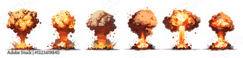 Terrible explosion of a nuclear bomb, mushroom cloud, hydrogen bomb test, atomic catastrophe, vector set, isolated on white and transparent background, radioactive disaster,
