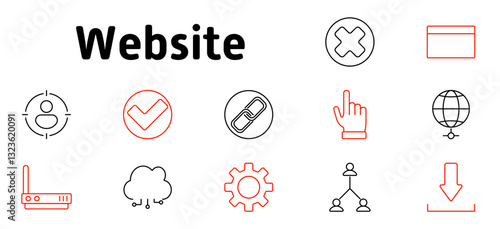 Website set icon. Online access, authentication, cloud storage, user profiles, connectivity, network settings, download options, system updates, digital security