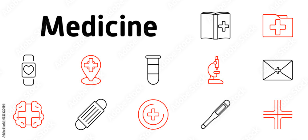 Medicine set icon. Medical records, lab tests, diagnosis, health tracking, medical research, prescription management, clinical data, patient monitoring, preventive care Medicine set icon. Medical records, lab tests, diagnosis, health tracking, medical research, prescription management, clinical data, patient monitoring, preventive care