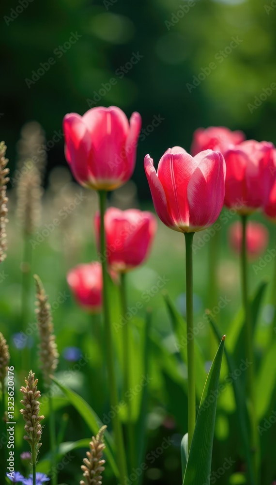 Obraz premium Pink tulips in a garden among tall grasses and ornamental plants, bloom, natural