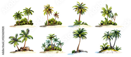 Tropical island vector set with palm trees, ocean, beach, isolated on white and transparent background, summer holiday, exotic landscape, travel, seascape, coastline, nature