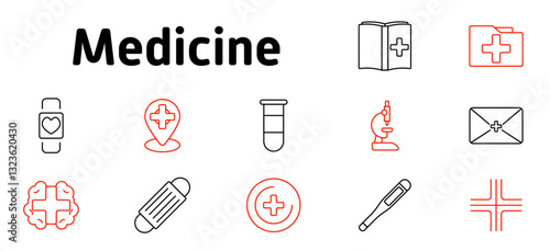 Medicine set icon. Medical records, lab tests, diagnosis, health tracking, medical research, prescription management, clinical data, patient monitoring, preventive care