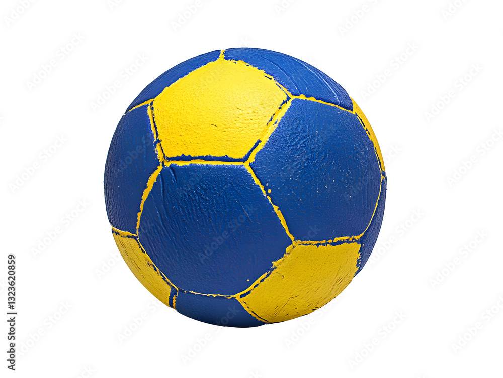 Fototapeta premium blue and yellow handball with textured grip, ideal for sports enthusiasts. This vibrant ball showcases classic hexagonal pattern, perfect for competitive play