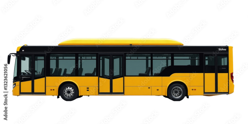 Side view of a yellow and black city bus with transparent background