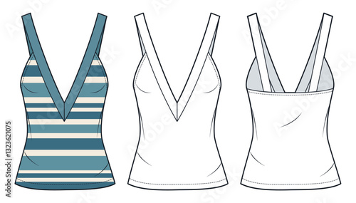 Striped Tank Top Technical Fashion Illustration. Deep V-Neck Top fashion flat technical drawing template, front and back view, slim fit, white, vintage blue, women, men, unisex CAD mockup set.