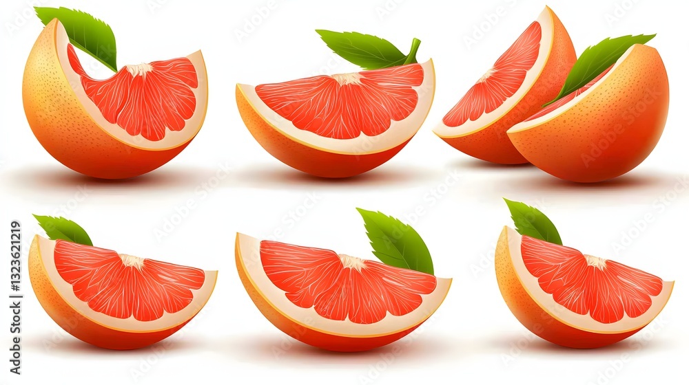 Freshly Sliced Red Grapefruit Segments with Green Leaves on a White Background Freshly Sliced Red Grapefruit Segments with Green Leaves on a White Background