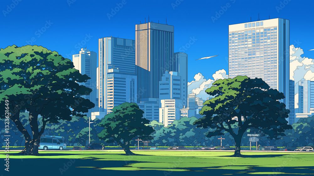 Obraz premium 都会の中のリラックス空間|緑豊かな公園と遠くにそびえる高層ビル