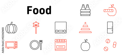 Food set icon. Nutrition, healthy eating, food storage, kitchen appliances, dietary balance, cooking, food industry, meal planning, grocery management, weight control