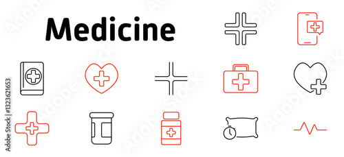 Medicine set icon. Healthcare, digital health monitoring, first aid, pharmaceuticals, medical consultation, prescription management, heart care, sleep health, medical research