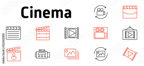 Cinema set icon. Movie production, film editing, video streaming, camera recording, multimedia, directing, storytelling, photography, digital content creation, visual arts