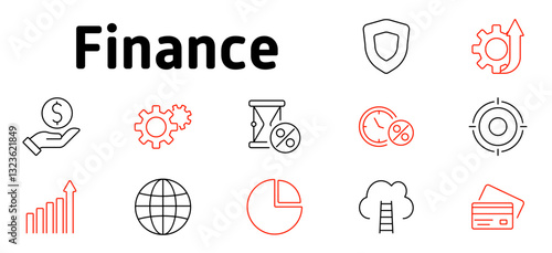 Finance set icon. Financial growth, investment, economy, business analytics, time management, global trade, online banking, statistics, financial security, economic progress