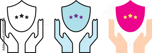 Hands Holding a Shield with Five Stars. Shield star rating icons set. Rating symbol isolated background, Business rating, health , hotel rating silhouette icon, hand holding Shield vector illustration