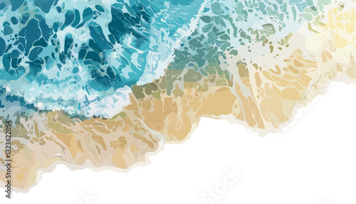 Top view waves on sand beach, summer holiday, isolated on transparent background, vacation scene, ocean waves, tropical beach, relaxing getaway, coastal landscape