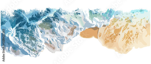 summer vacation concept, top view of waves on the sand, vector beach design, tropical beach background, isolated on white, transparent background, ocean waves