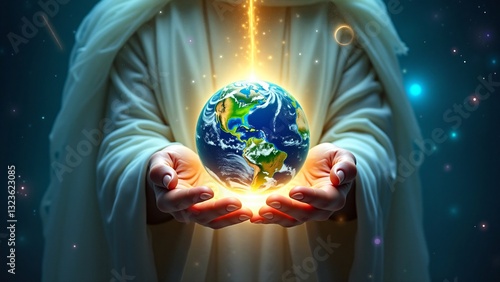 Fototapeta Naklejka Na Ścianę i Meble -  Divine Care Jesus Christ Holding the Earth, Symbol of Faith, Hope, and Protection
