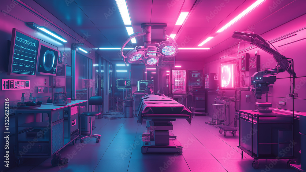 High-Tech Surgery Suite with Neon Cyberpunk Aesthetic High-Tech Surgery Suite with Neon Cyberpunk Aesthetic
