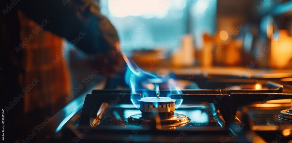 Naklejka premium Gas Stove Burner Ignited with Blue Flame in a Kitchen Setting