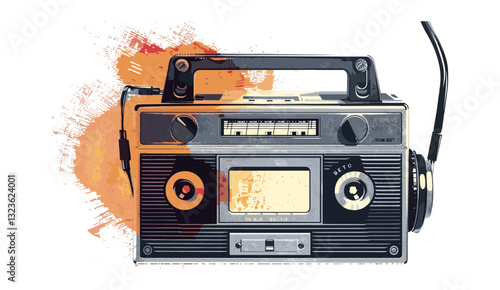 Halftone vector illustration of retro cassette player, portable stereo, vintage music player, transparent background, old-school audio device, retro design, nostalgic art