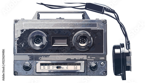 Retro portable stereo cassette player halftone vector illustration, transparent background, vintage music player, old school cassette design, nostalgic sound device, graphic art