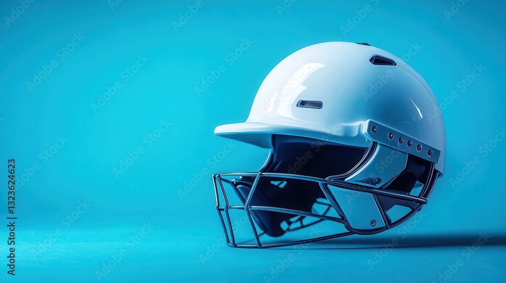 Fototapeta premium A pristine white cricket helmet, a symbol of protection and skill in the sport of cricket, rests proudly against a vibrant blue backdrop, surrounded by the sleek equipment that enhances the game s