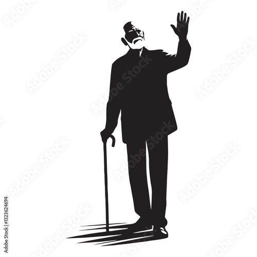 Proud Waving Oldman silhouette, standing strong through the years - Oldman illustration - Minimalist Waving Oldman vector - Honorable elder
