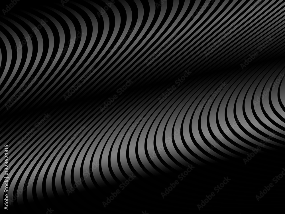 Obraz premium Abstract art geometric black background with shiny abstract 3d gradient gray lines pattern. Gray black optical illusion with waves and transitions.