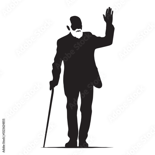 Adventurous Waving Oldman silhouette, ready for new journeys - Oldman illustration - Minimalist Waving Oldman vector - Spirited elder
