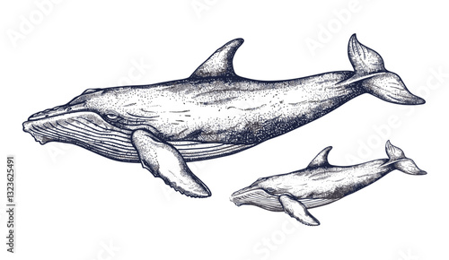 Whale vector art, blue whale illustration, vintage ink sketch, humpback whale, wild cachalot, giant dolphin, aquatic line art, ocean mammal background, marine life artwork.