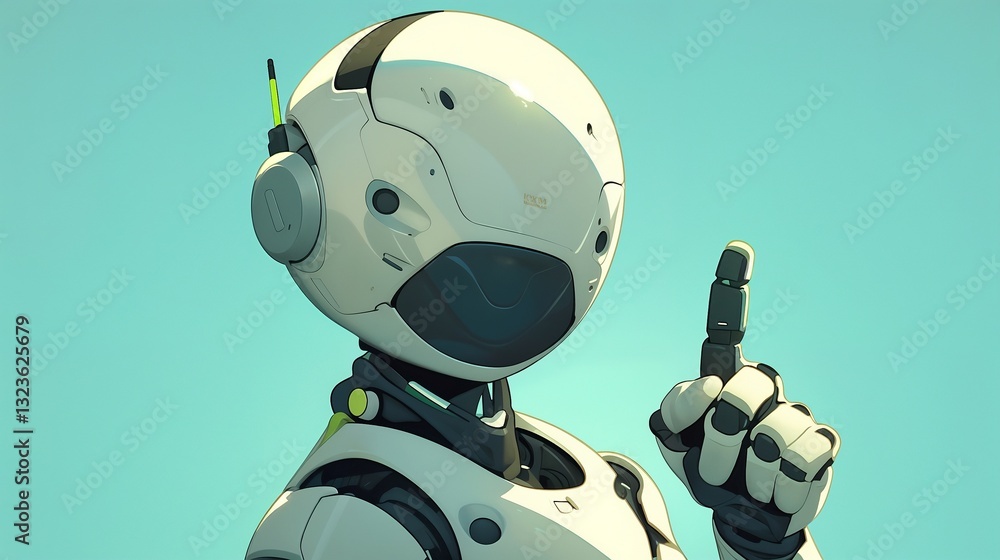 Naklejka premium Futuristic humanoid robot raising a finger in a minimalist digital environment